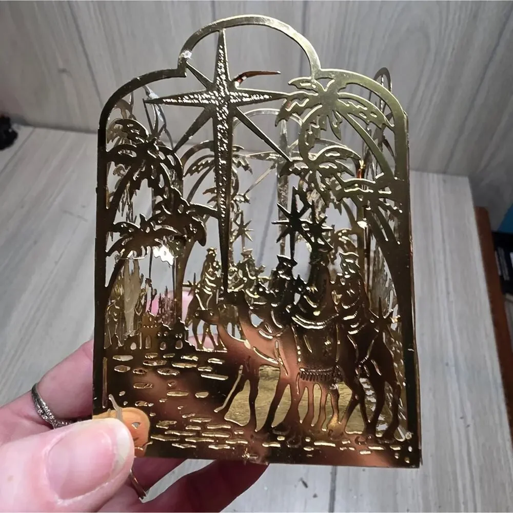 Vtg Brass Plated Nativity Candle Holder Set Of 2 MCM Holiday Religious Regency